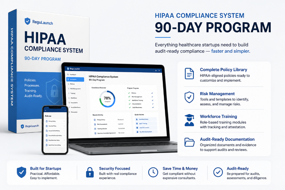 HIPAA Compliance System 90-Day Program with laptop, phone, and box on a white background